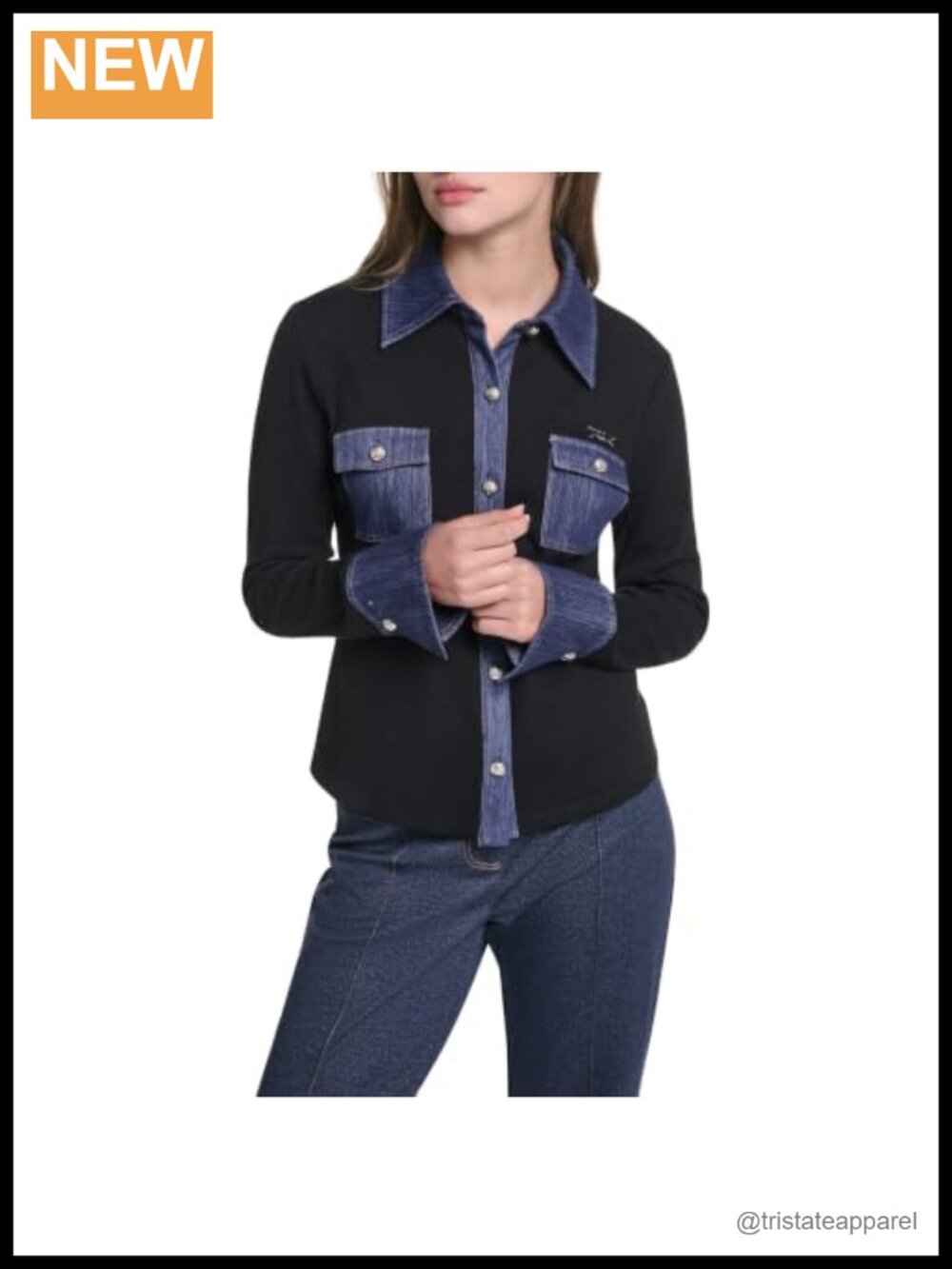 Karl Lagerfeld Women's Long Sleeve Cotton Blend Collared Button-Down Blouse